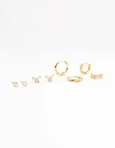 Gold Plated Brass Pave Star & Butterfly Earrings 4-Pack