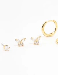 Gold Plated Brass Pave Star & Butterfly Earrings 4-Pack