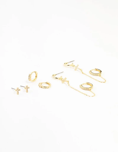 Gold Plated Brass Cross Stud & Chain Earrings 4-Pack