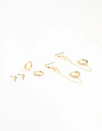 Gold Plated Brass Cross Stud & Chain Earrings 4-Pack