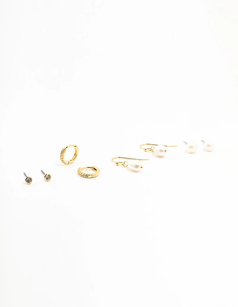 Gold Plated Brass Pearl Stud & Drop Earrings 4-Pack