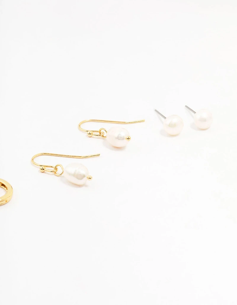Gold Plated Brass Pearl Stud & Drop Earrings 4-Pack
