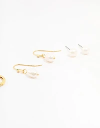 Gold Plated Brass Pearl Stud & Drop Earrings 4-Pack
