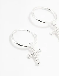 Sterling Silver Cubic Zirconia Cross Hoop Earrings