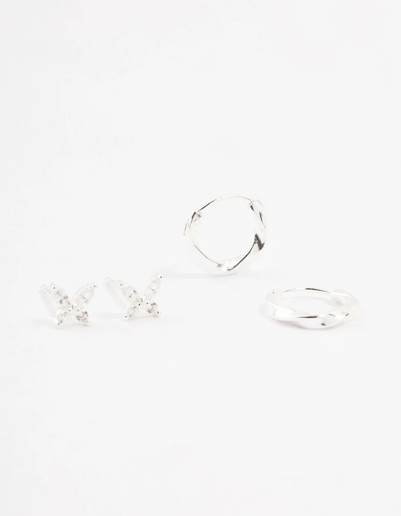 Sterling Silver Butterfly & Hoop Stud Earrings 2-Pack