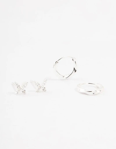 Sterling Silver Butterfly & Hoop Stud Earrings 2-Pack