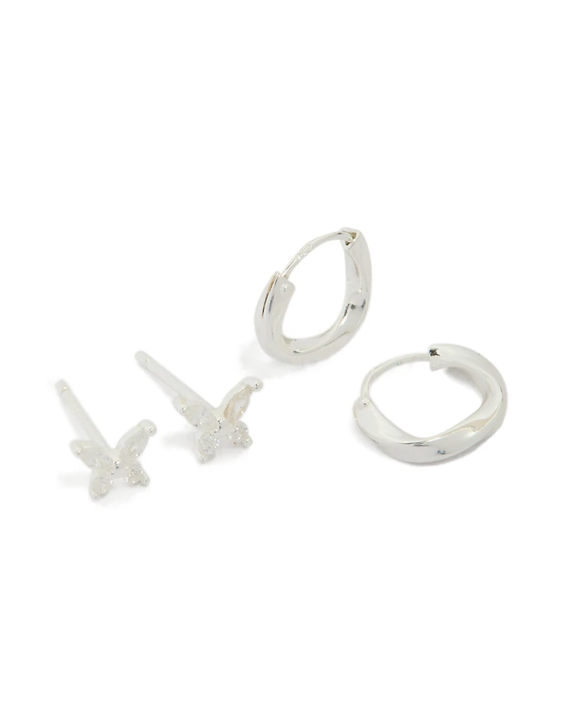 Sterling Silver Butterfly & Hoop Stud Earrings 2-Pack