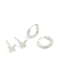 Sterling Silver Butterfly & Hoop Stud Earrings 2-Pack