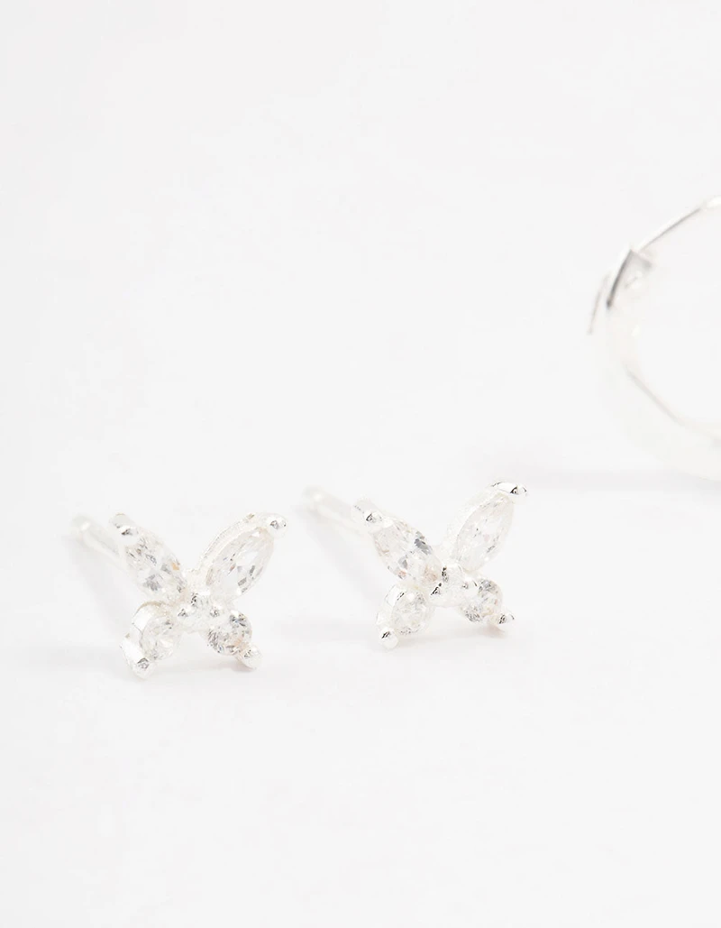 Sterling Silver Butterfly & Hoop Stud Earrings 2-Pack