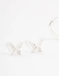Sterling Silver Butterfly & Hoop Stud Earrings 2-Pack