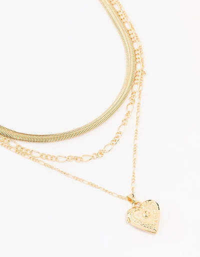 Gold Figaro Heart Locket Necklace