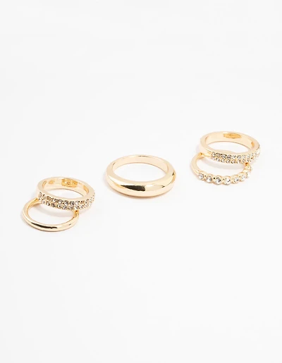 Gold Thick Diamante Band Rings 5-Pack