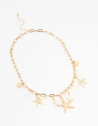Gold Plated Mixed Charm Shell And Stone Necklace