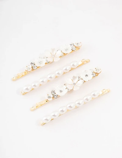 Gold Diamante & Flower Pearl Clips 4-Pack