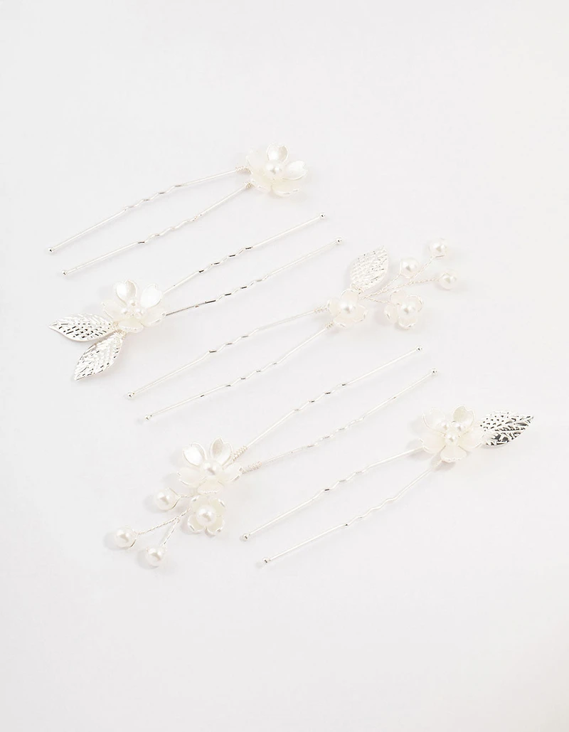 Silver Wire Flower & Pearl Bridal Hair Pins