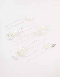 Silver Wire Flower & Pearl Bridal Hair Pins