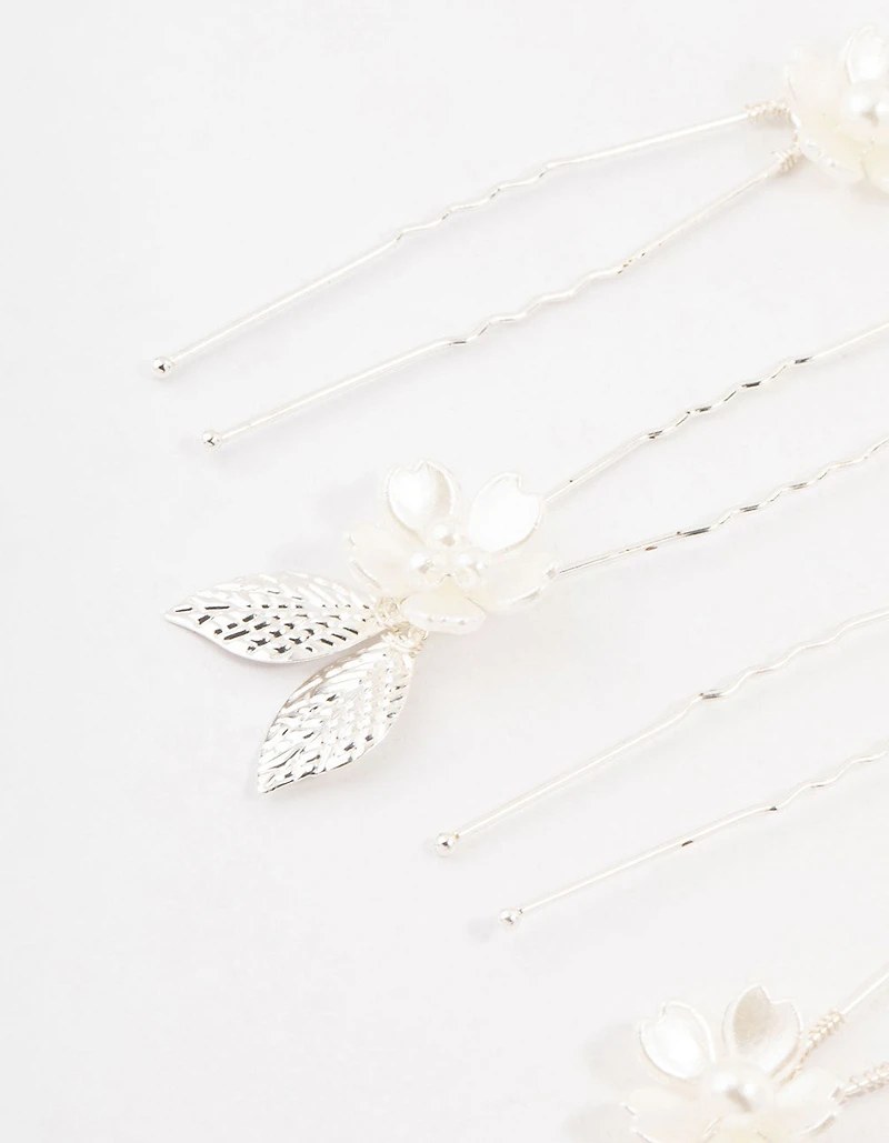 Silver Wire Flower & Pearl Bridal Hair Pins