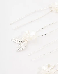 Silver Wire Flower & Pearl Bridal Hair Pins