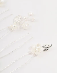 Silver Wire Flower & Pearl Bridal Hair Pins