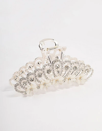 Ornate Silver Diamante & Flower Claw Clip