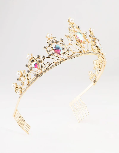 Gold Pear Shaped Stones & Pearls Tiara