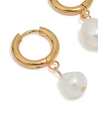 Waterproof Gold Plated Stainless Steel Freshwater Pearl Drop Huggie Earrings