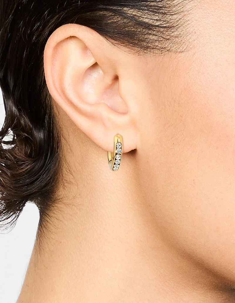 Waterproof Gold Plated Stainless Steel Round Diamante Clicker Hoop Earrings