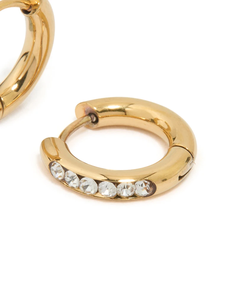 Waterproof Gold Plated Stainless Steel Round Diamante Clicker Hoop Earrings