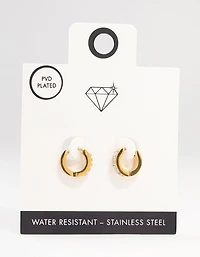 Waterproof Gold Plated Stainless Steel Square Cut Diamante Huggie Earrings