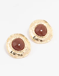 Gold Molten Circle Disc Stud Earrings