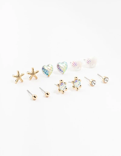 Kids Gold Sea Theme Stud Earrings 6-Pack