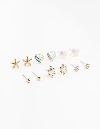 Kids Gold Sea Theme Stud Earrings 6-Pack