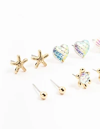 Kids Gold Sea Theme Stud Earrings 6-Pack