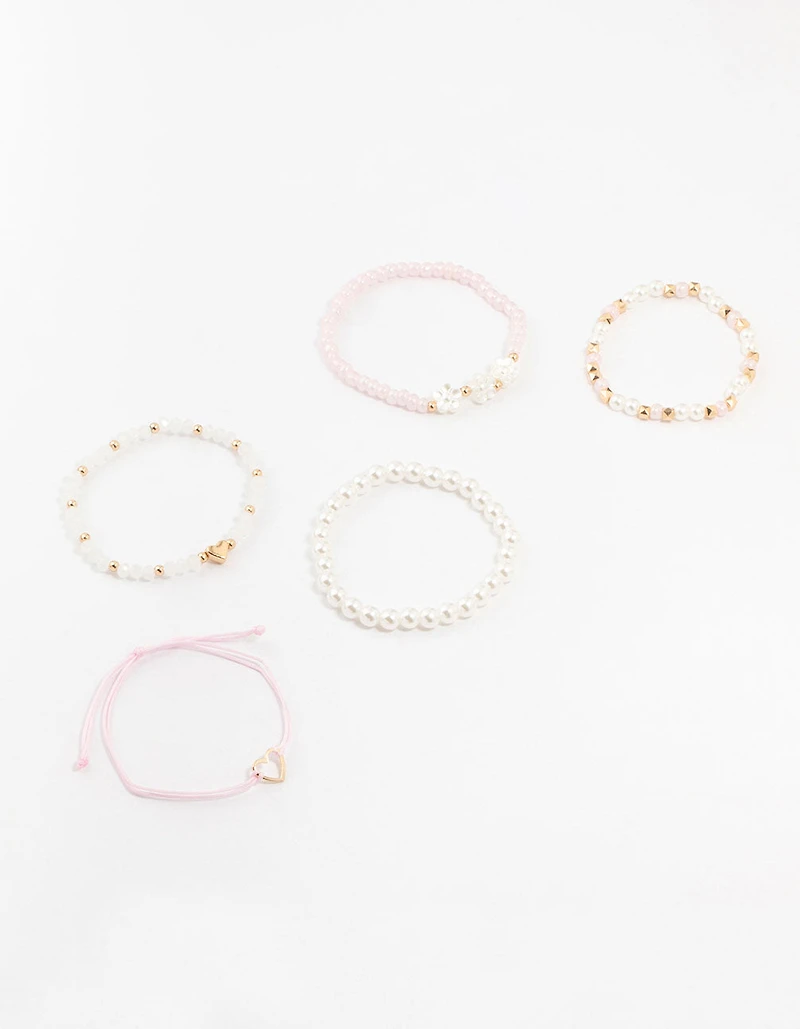 Kids Beaded Pink Heart Stretch Bracelets 5-Pack