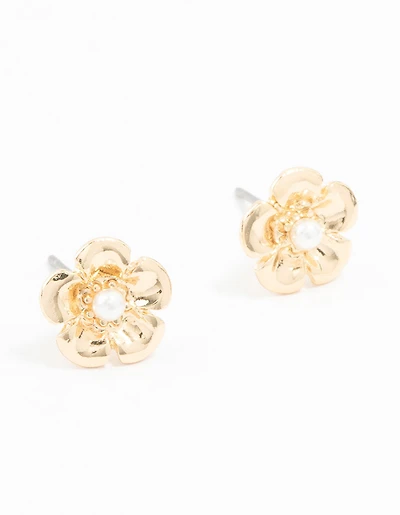 Gold Pearl Flower Stud Earrings