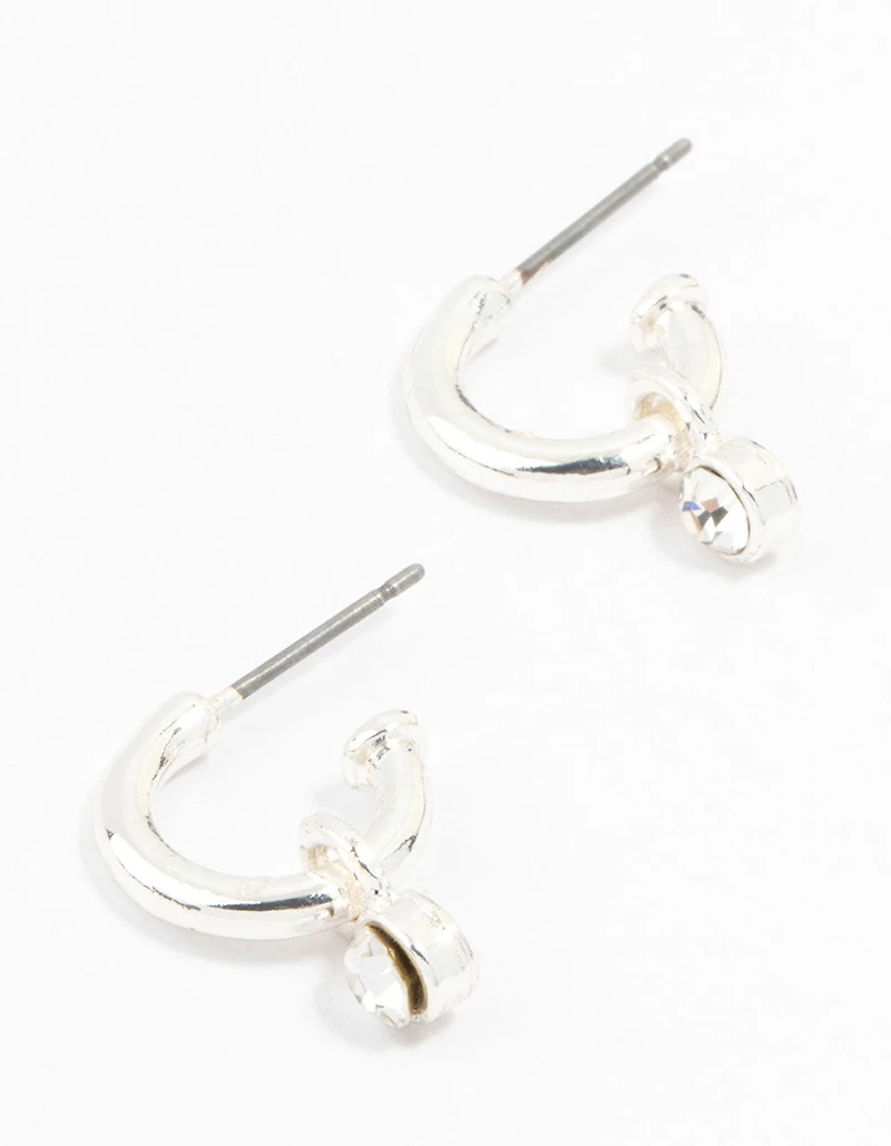 Simple Silver Diamante Huggie Charm Earrings