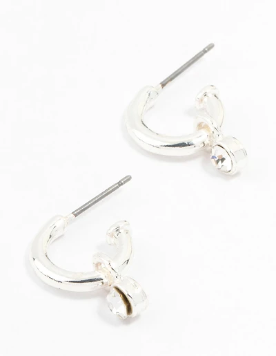 Simple Silver Diamante Huggie Charm Earrings