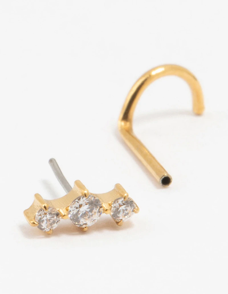 Gold Plated Surgical Steel Cubic Zirconia Trio Threadless Nose Stud