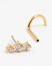 Gold Plated Surgical Steel Cubic Zirconia Trio Threadless Nose Stud