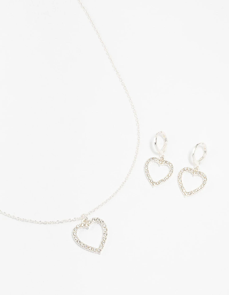 Silver Diamante Heart Necklace & Earring Set