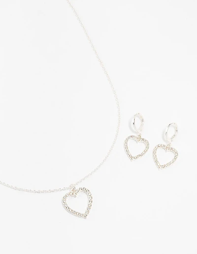 Silver Diamante Heart Necklace & Earring Set