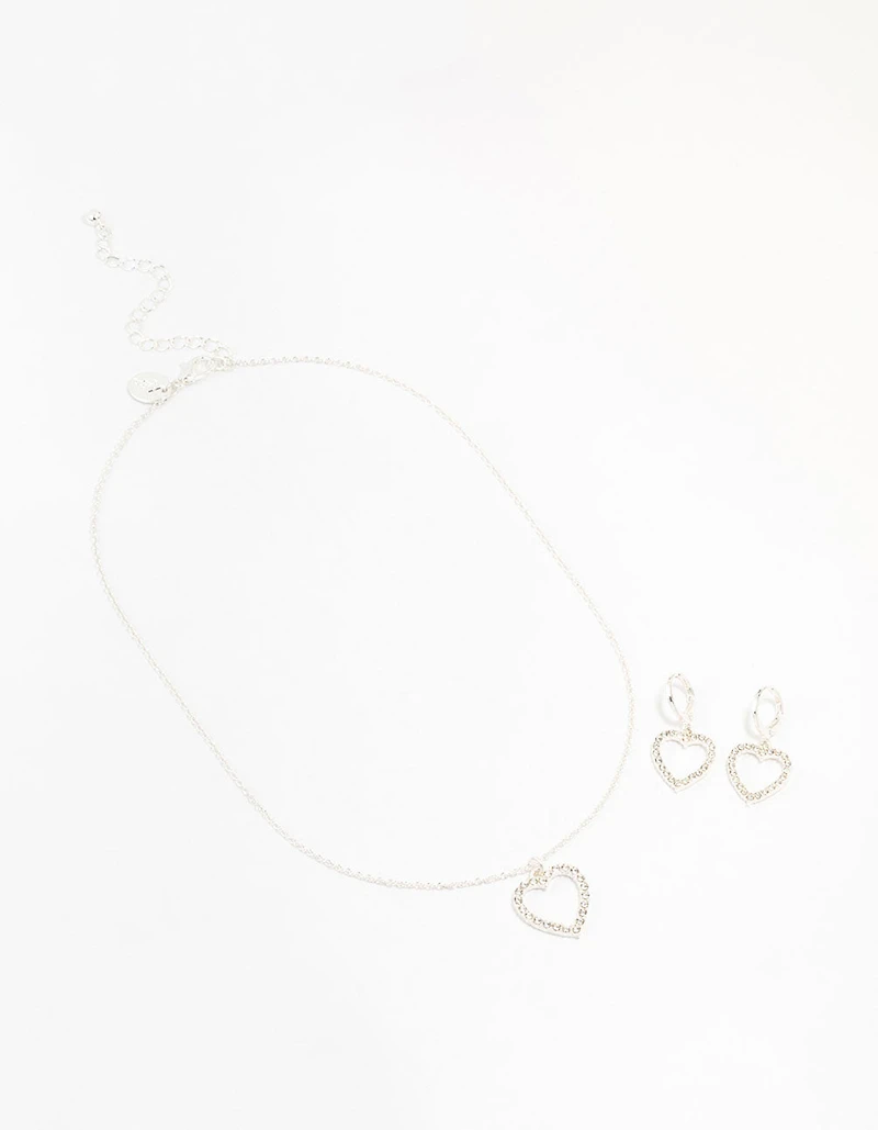 Silver Diamante Heart Necklace & Earring Set