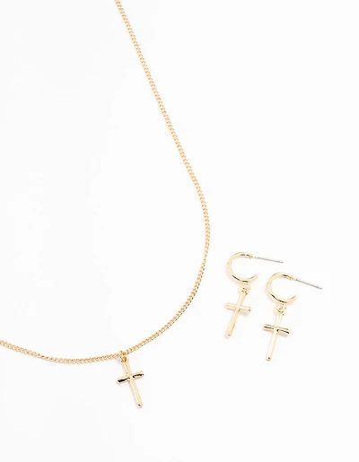 Sleek Gold Cross Necklace & Earring Set