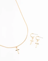 Sleek Gold Cross Necklace & Earring Set