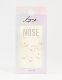 Gold Plated Titanium Ring & Cubic Zirconia Stud Nose Piercings 6-Pack