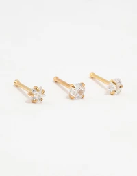 Gold Plated Titanium Graduating Cubic Zirconia Nose Studs 3-Pack