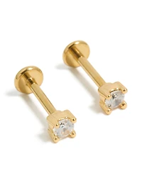 Gold Plated Titanium Cubic Zirconia Stud Flat Backs 2-Pack