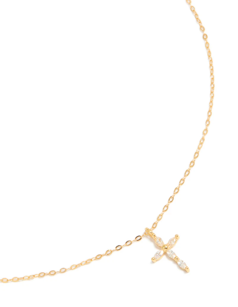 Gold Plated Sterling Silver Cubic Zirconia Cross Necklace