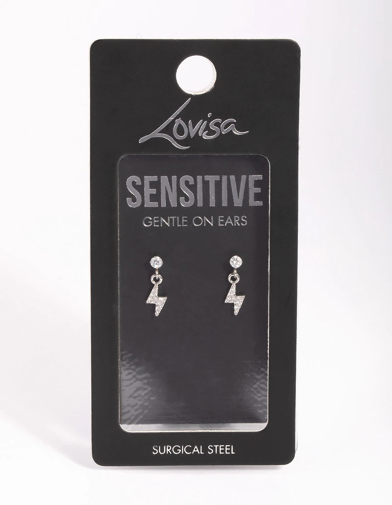 Surgical Steel Diamante Lightning Bolt Charm Stud Earrings