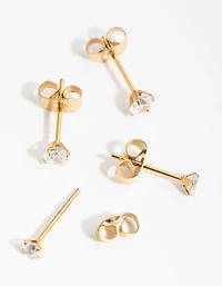 Gold Plated Surgical Steel Graduating Cubic Zirconia Stud Earrings 2-Pack